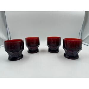 Vintage Ruby Red Set 4 Georgian Honeycomb Viking 4" Glass Lowball Tumblers 8 oz.